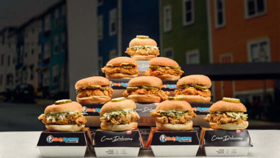 A marketing display of Mary Browns chicken sandwiches