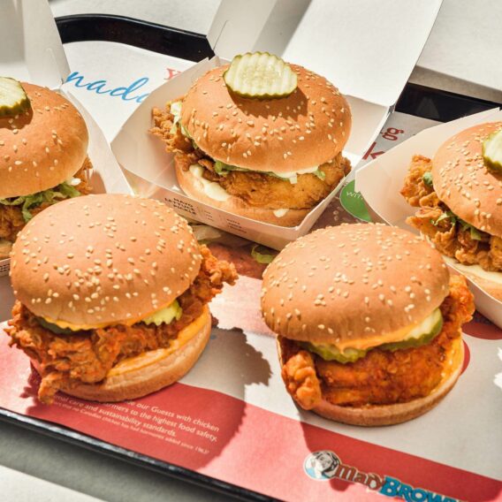 five hot chicken sandwiches on display